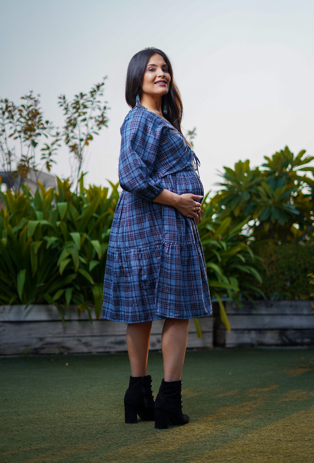 Claire Blue Check Flannel Womens Winter Nursing Maternity Dress with Hidden Nursing Feature