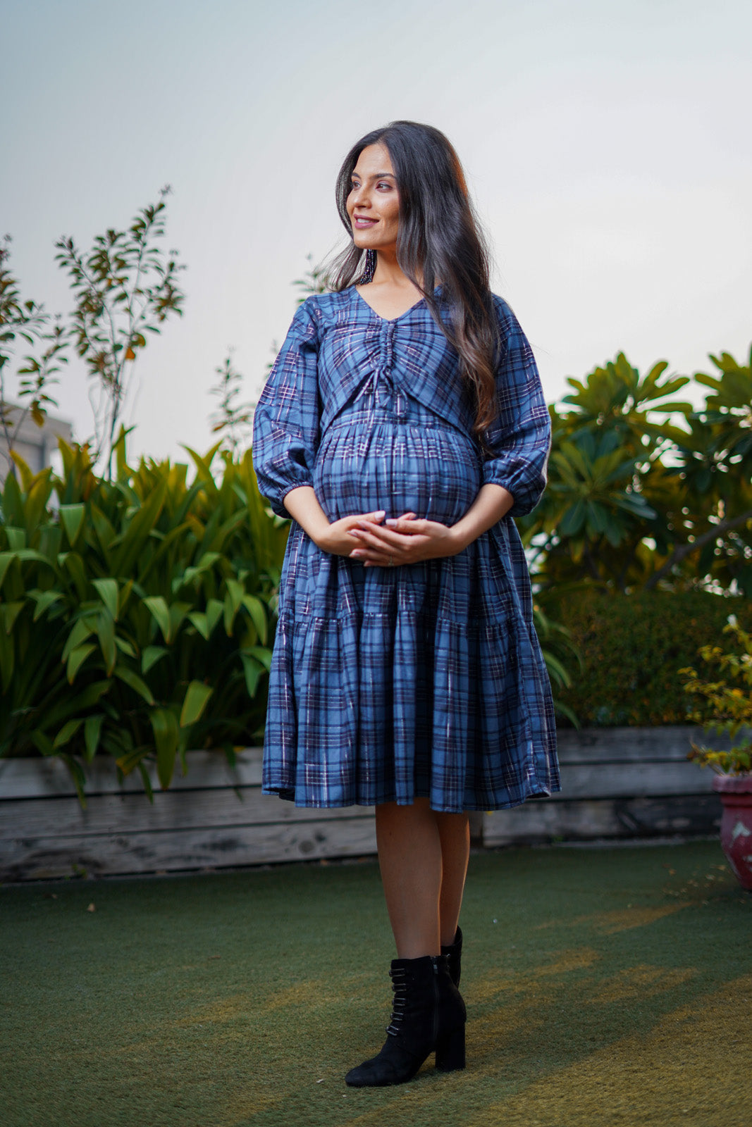 Claire Blue Check Flannel Womens Winter Nursing Maternity Dress with Hidden Nursing Feature