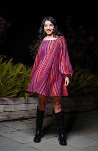 Serena Multicolour Mini Flannel Womens Winter Dress with Blouson Sleeves