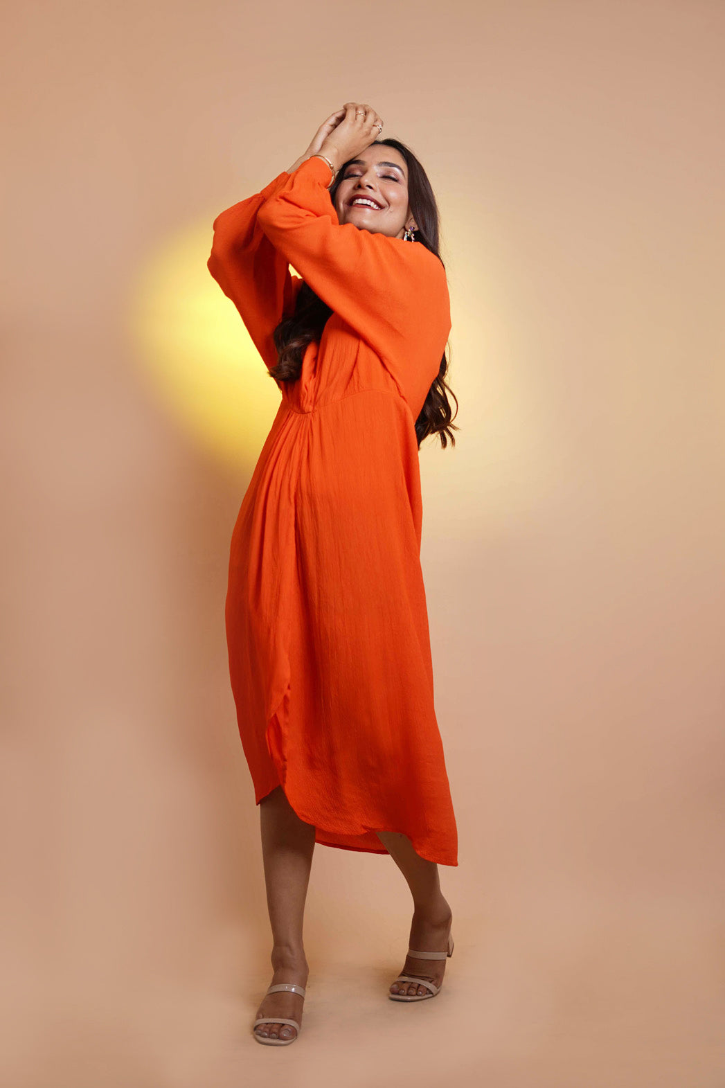 Sicily Orange Wrap Womens Party Dress with Full Sleeves