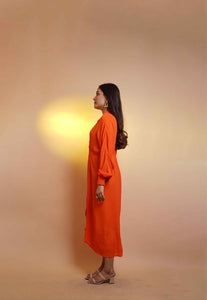 Sicily Orange Wrap Womens Party Dress with Full Sleeves
