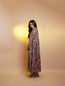 Positano Floral Cape and Maxi Dress Womens Party Co-ord Set