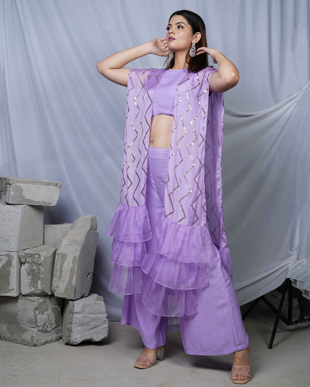 Chandani Lavender Party Indo-Western Co-ord Set For Women with Cape and Frill Details