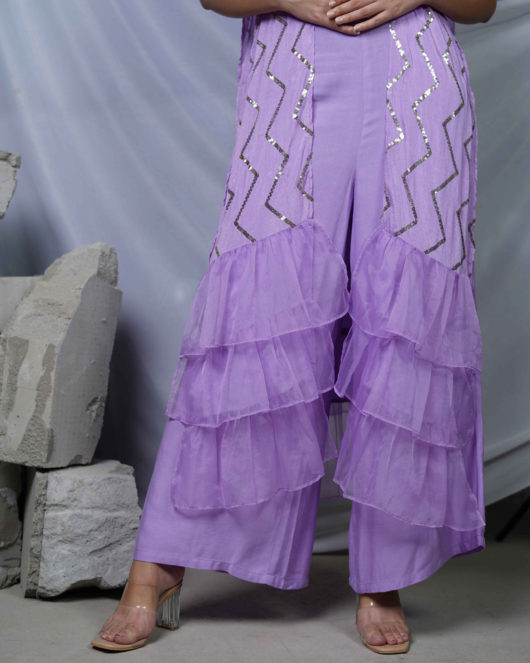 Chandani Lavender Party Indo-Western Co-ord Set For Women with Cape and Frill Details