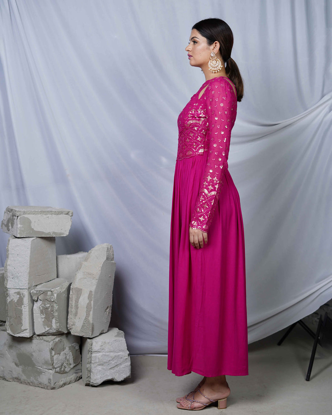 Razia Hot Pink Indo- Western Womens Party Maxi Dress with Embroidery and Cut Out Details for Cocktail