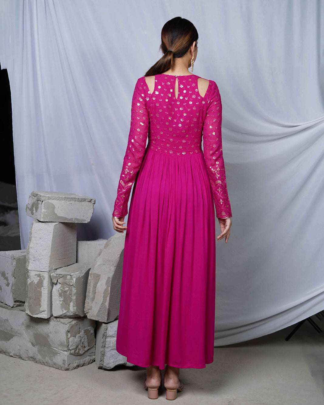 Razia Hot Pink Indo- Western Womens Party Maxi Dress with Embroidery and Cut Out Details for Cocktail
