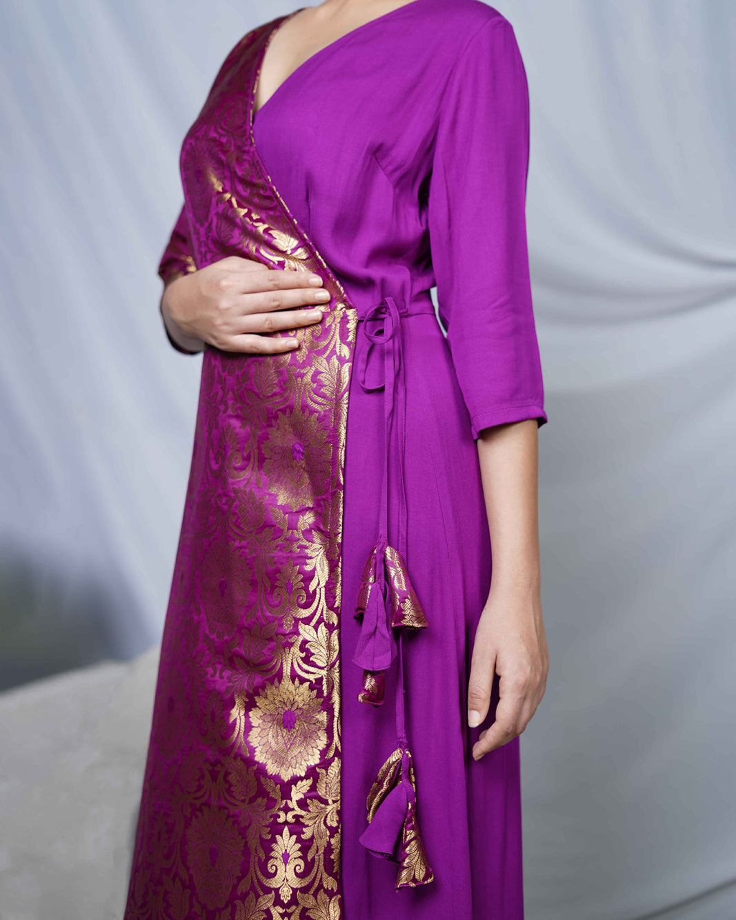 Sundari Royal Purple Womens Indo Western Brocade Wrap Party Dress