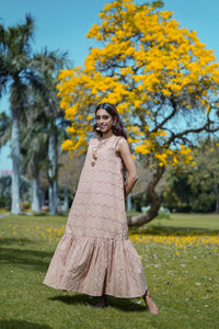 Destiny Brown Schiffli Cotton Maxi Dress with Tassel Details