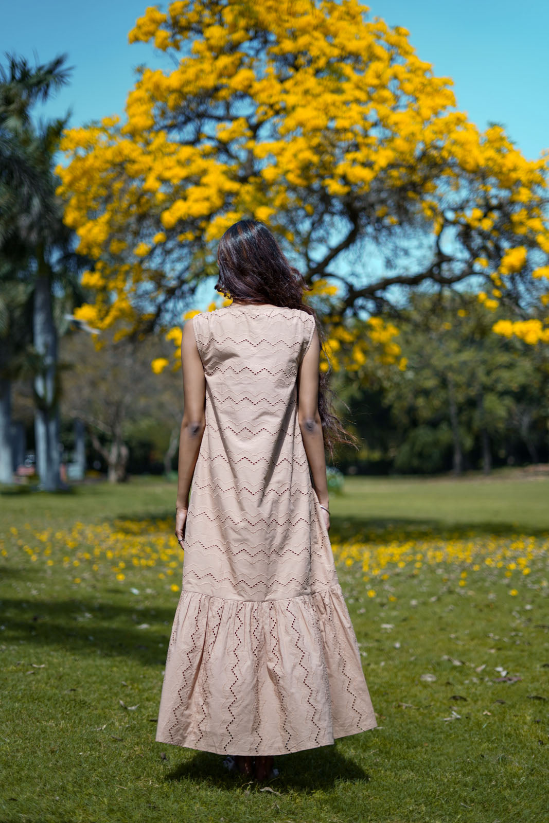 Destiny Brown Schiffli Cotton Maxi Dress with Tassel Details