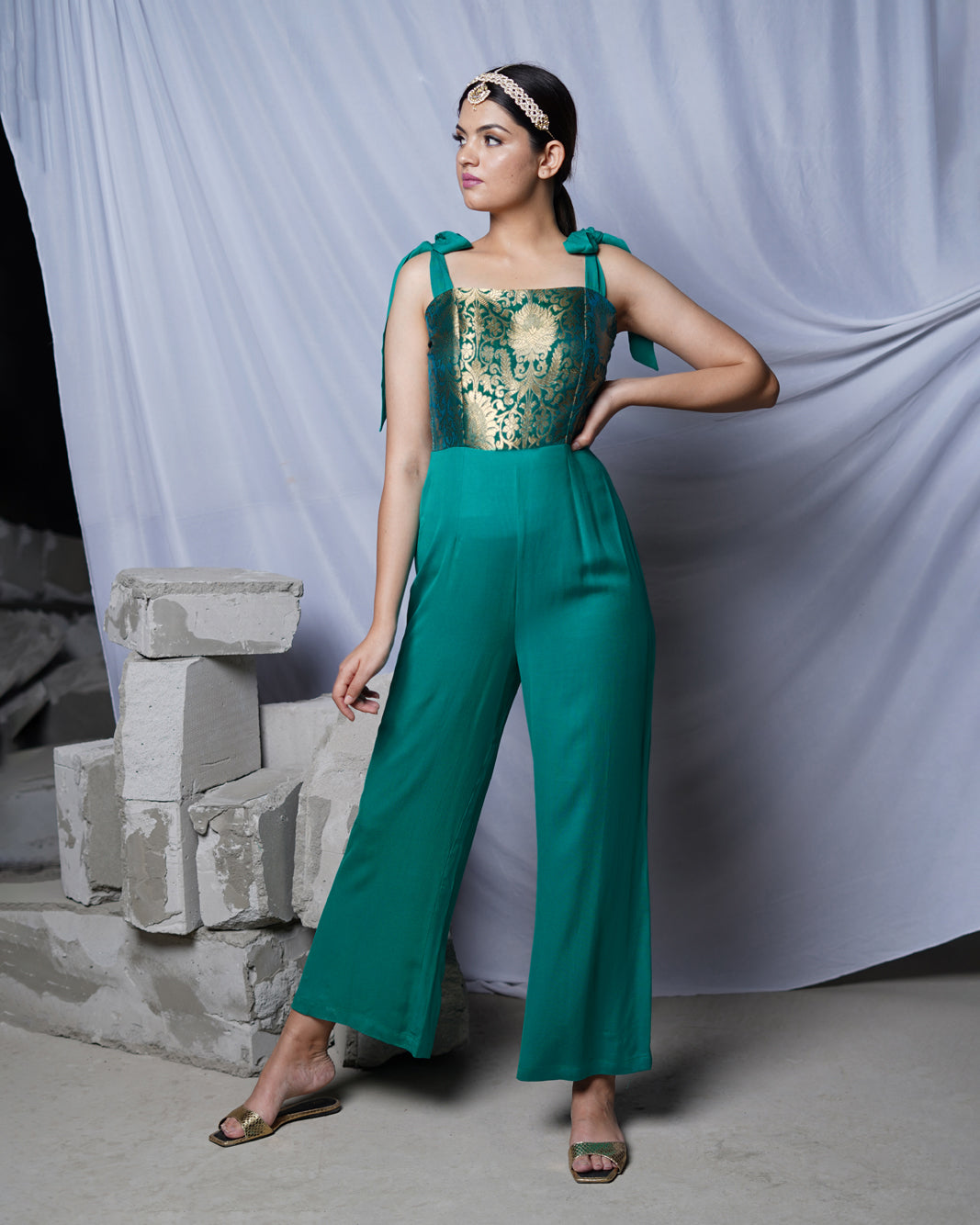 Bomb-Bae Green Brocade Womens Indo Western Party Jumpsuit with Tie Details