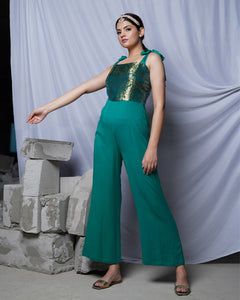 Bomb-Bae Green Brocade Womens Indo Western Party Jumpsuit with Tie Details