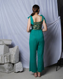 Bomb-Bae Green Brocade Womens Indo Western Party Jumpsuit with Tie Details