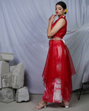 Pyaar Red Tie and Dye Womens Indo Western Party Co-ord Set with Organza Cape and Embellished Belt