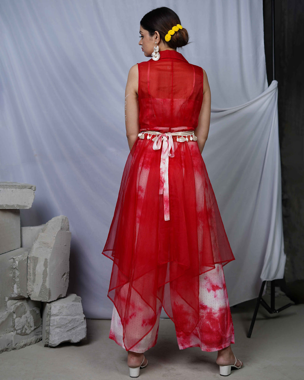 Pyaar Red Tie and Dye Womens Indo Western Party Co-ord Set with Organza Cape and Embellished Belt