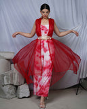 Pyaar Red Tie and Dye Womens Indo Western Party Co-ord Set with Organza Cape and Embellished Belt