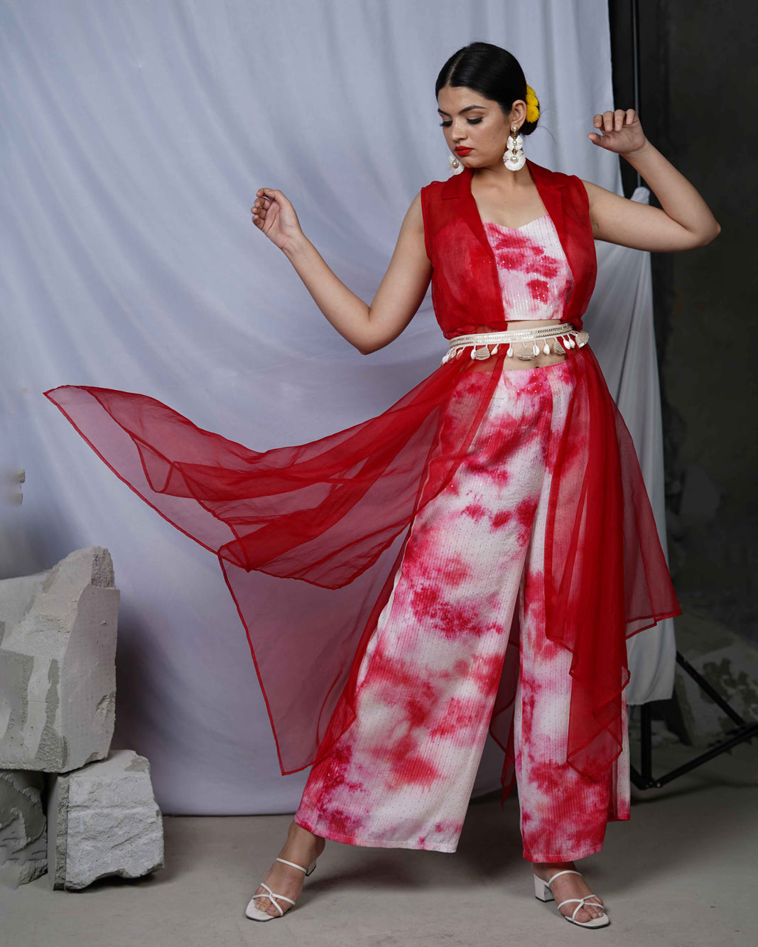 Pyaar Red Tie and Dye Womens Indo Western Party Co-ord Set with Organza Cape and Embellished Belt