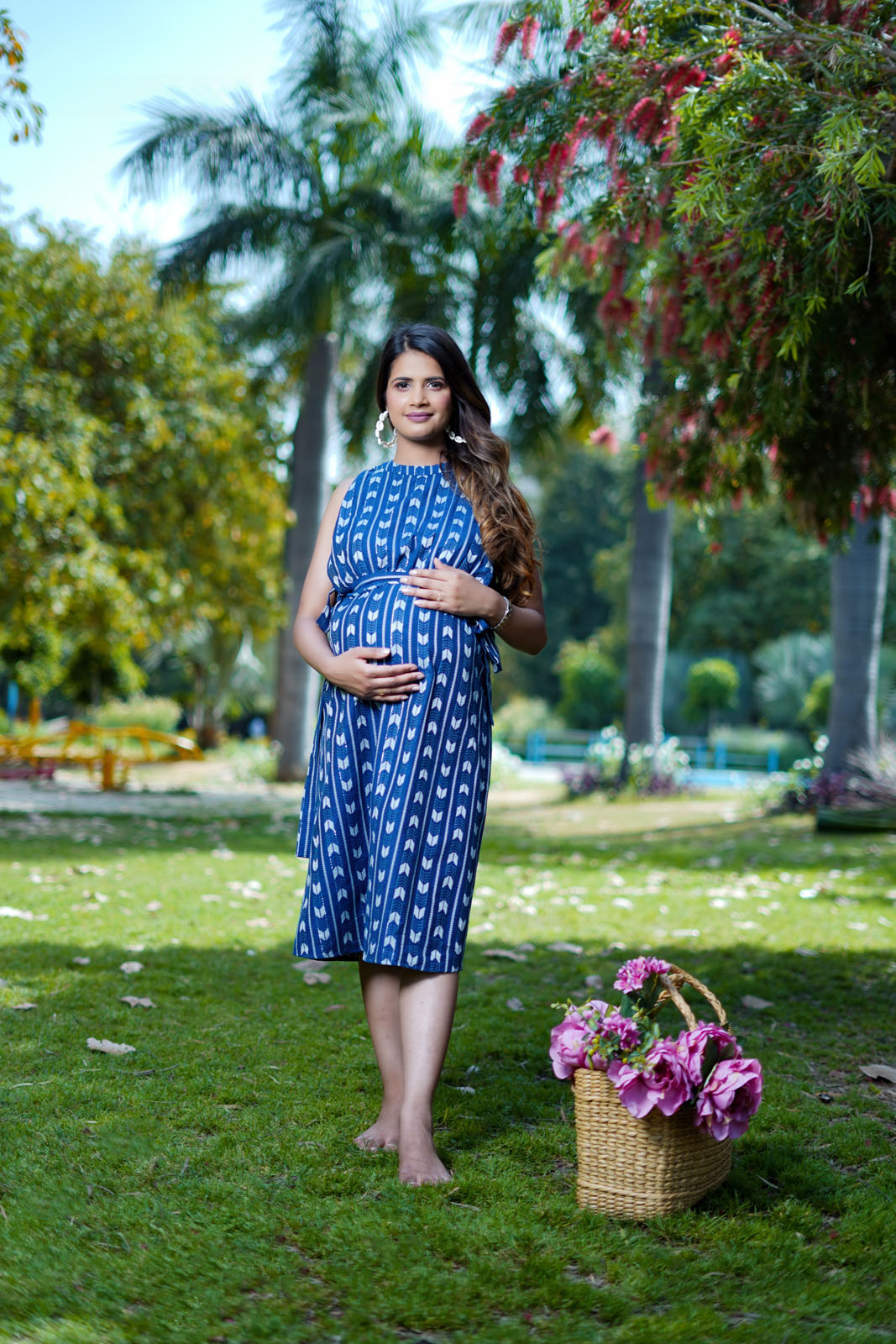 Dear Darling Blue Cotton Jacquard Womens Nursing Maternity Dress with Hidden Nursing Features