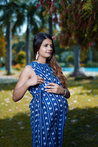Dear Darling Blue Cotton Jacquard Womens Nursing Maternity Dress with Hidden Nursing Features