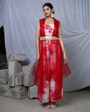 Pyaar Red Tie and Dye Womens Indo Western Party Co-ord Set with Organza Cape and Embellished Belt