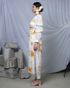 Farzeen Mustard Tie and Dye Womens Indo-WesternParty Co-ord Set with Statement Sleeves and Embellished Belt