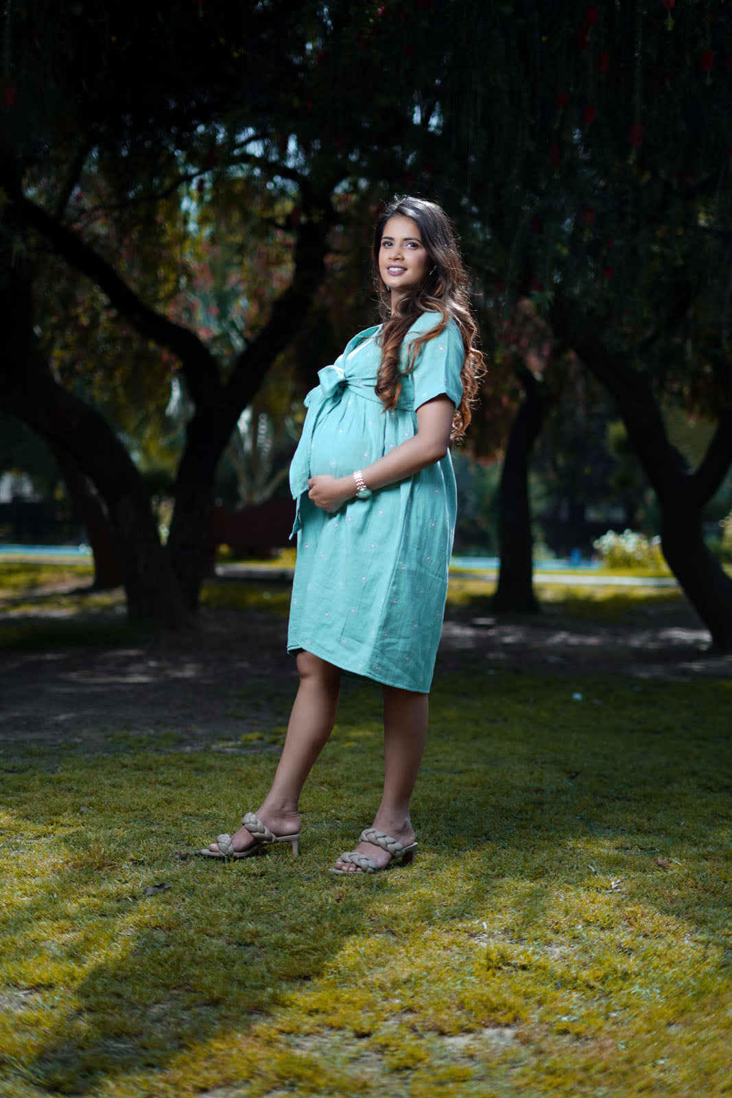 Sage Blue Cotton Schiffli Tie Knot Nursing Maternity Dress