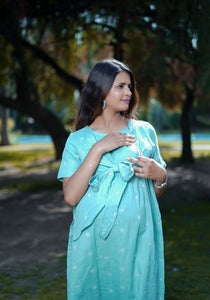 Sage Blue Cotton Schiffli Tie Knot Nursing Maternity Dress