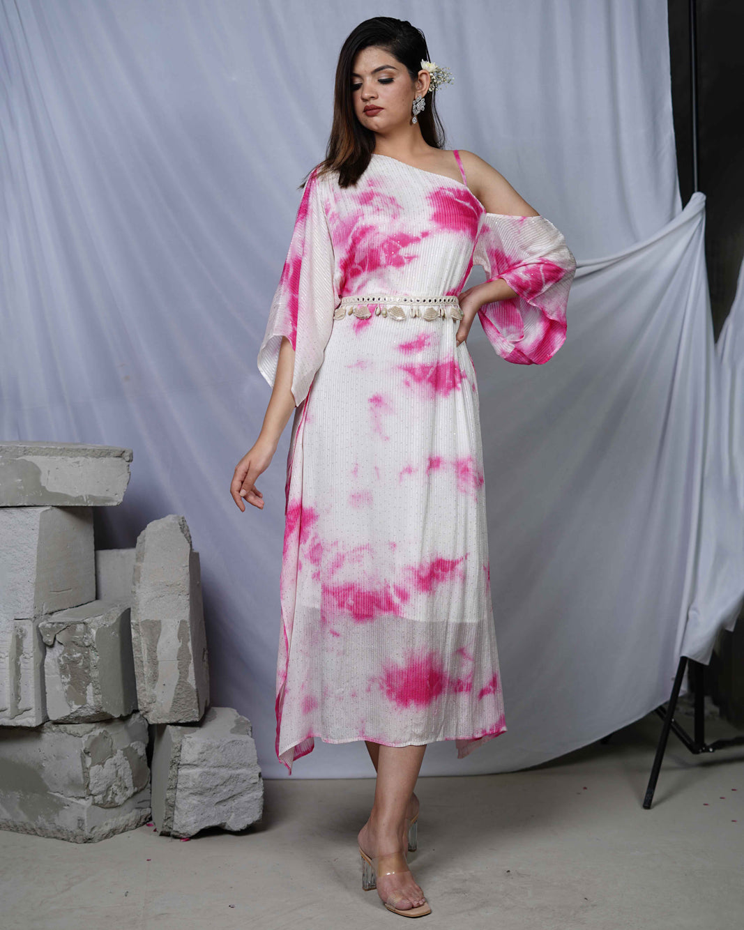 Julie Pink Tie and Dye Womens Indo-Western Party Dress with One Shoulder Sleeves and Embellished Belt