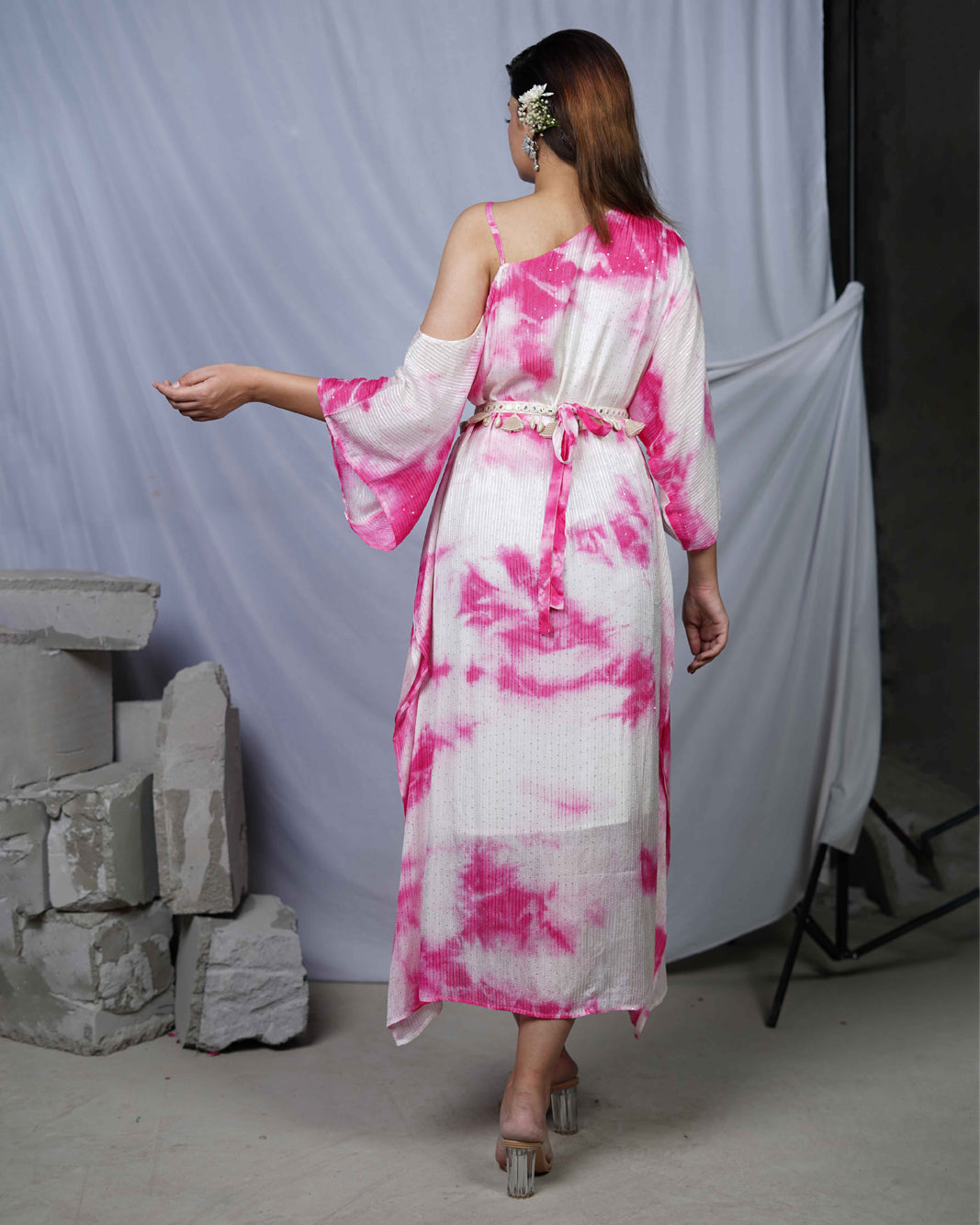 Julie Pink Tie and Dye Womens Indo-Western Party Dress with One Shoulder Sleeves and Embellished Belt