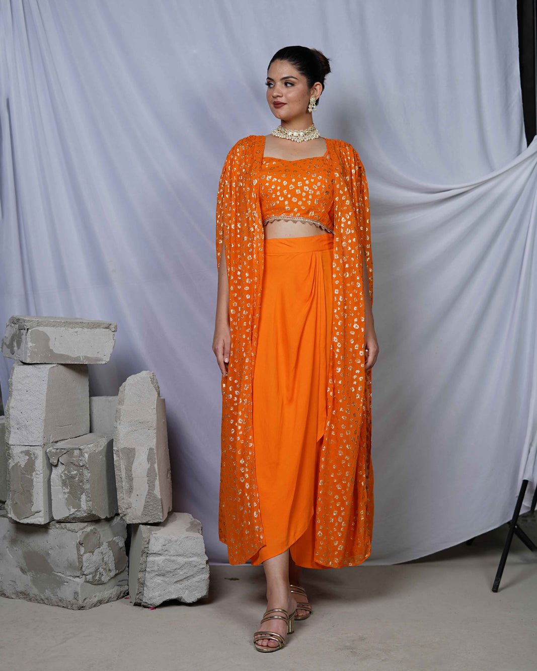 Adya Orange Lurex Womens Indo- Western Party Co-ord Set with Cape For Cocktail