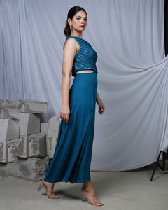 Sitara Teal Womens One Shoulder Maxi Gown Party Dress with Gold Lurex Details