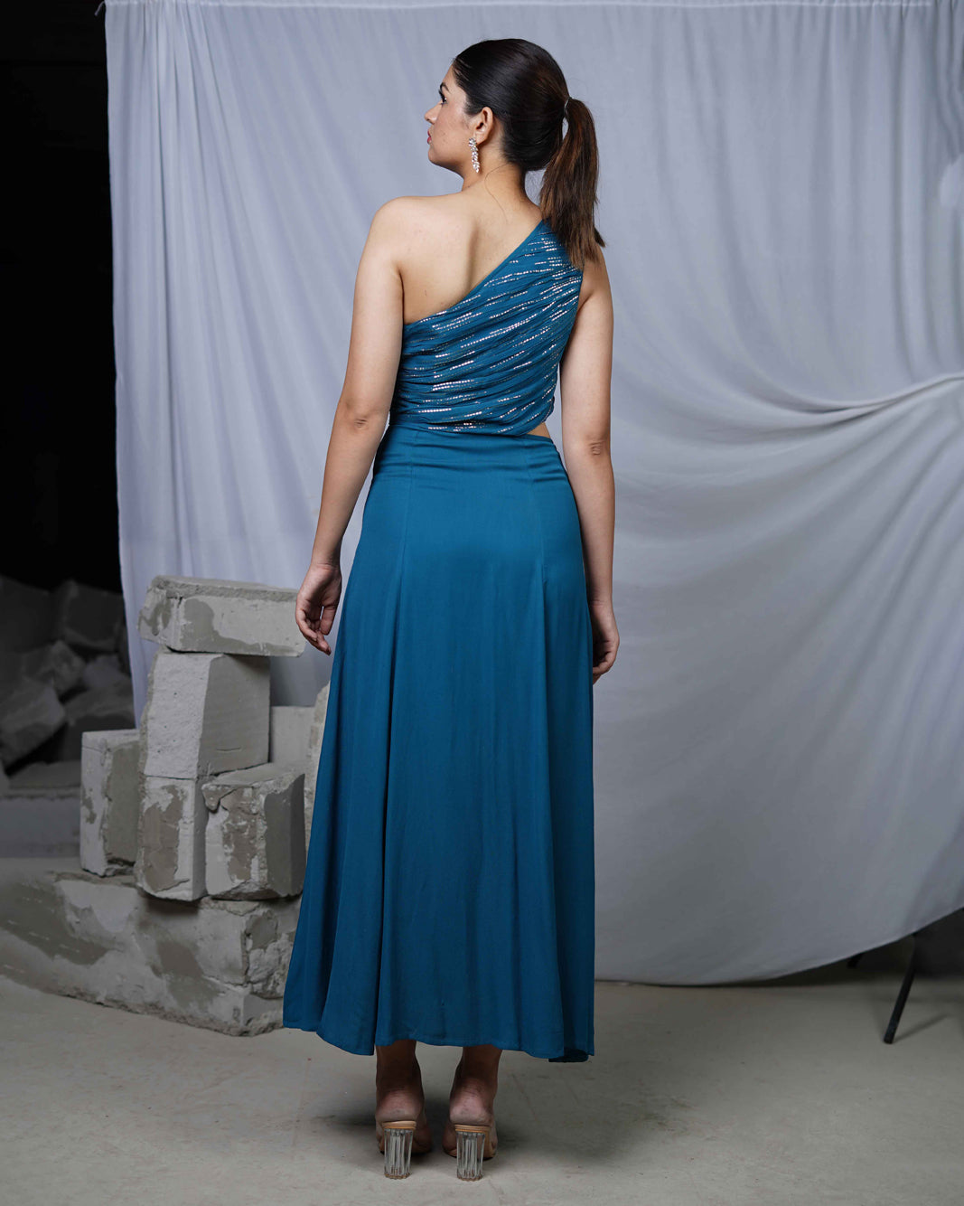 Sitara Teal Womens One Shoulder Maxi Gown Party Dress with Gold Lurex Details