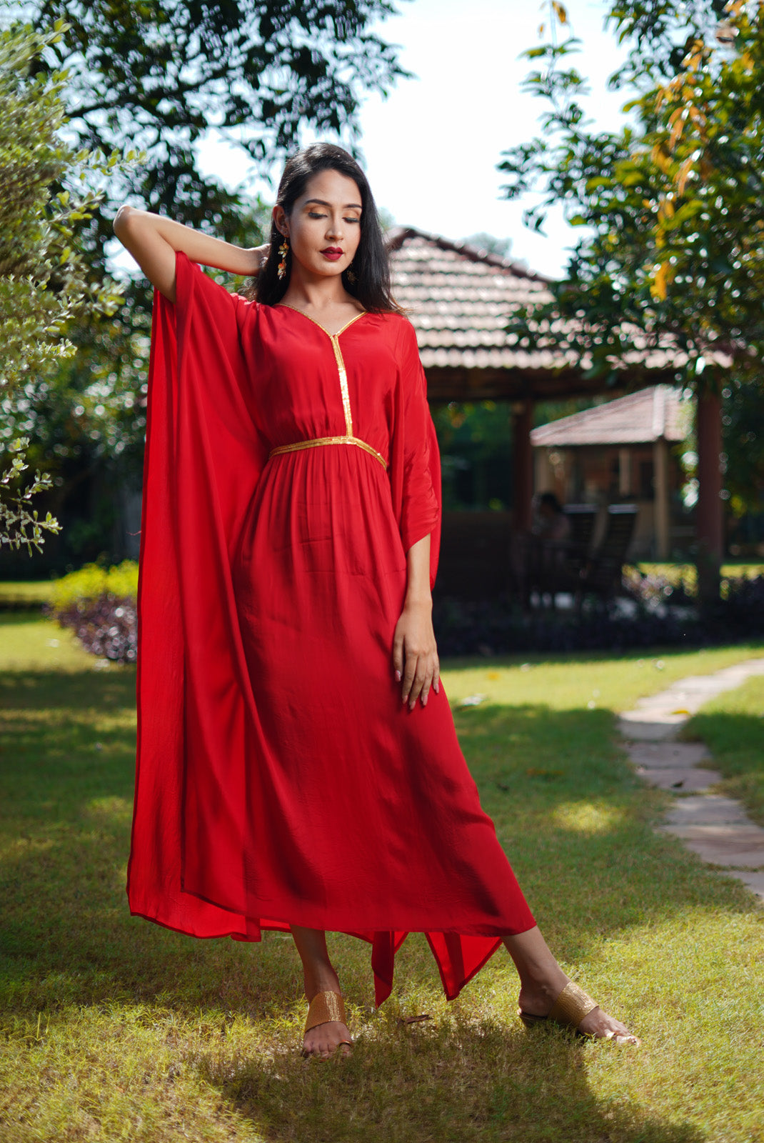 Gulab Red Kaftan Dress for Women with Gold Details