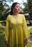Nargis Womens Lemon Green Indo- Western Tier Party Dress with Lace Details for Mehendi