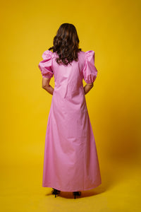 Rose Knot Pastel Pink Womens Maxi Party Dress with Buttons and Statement Sleeves
