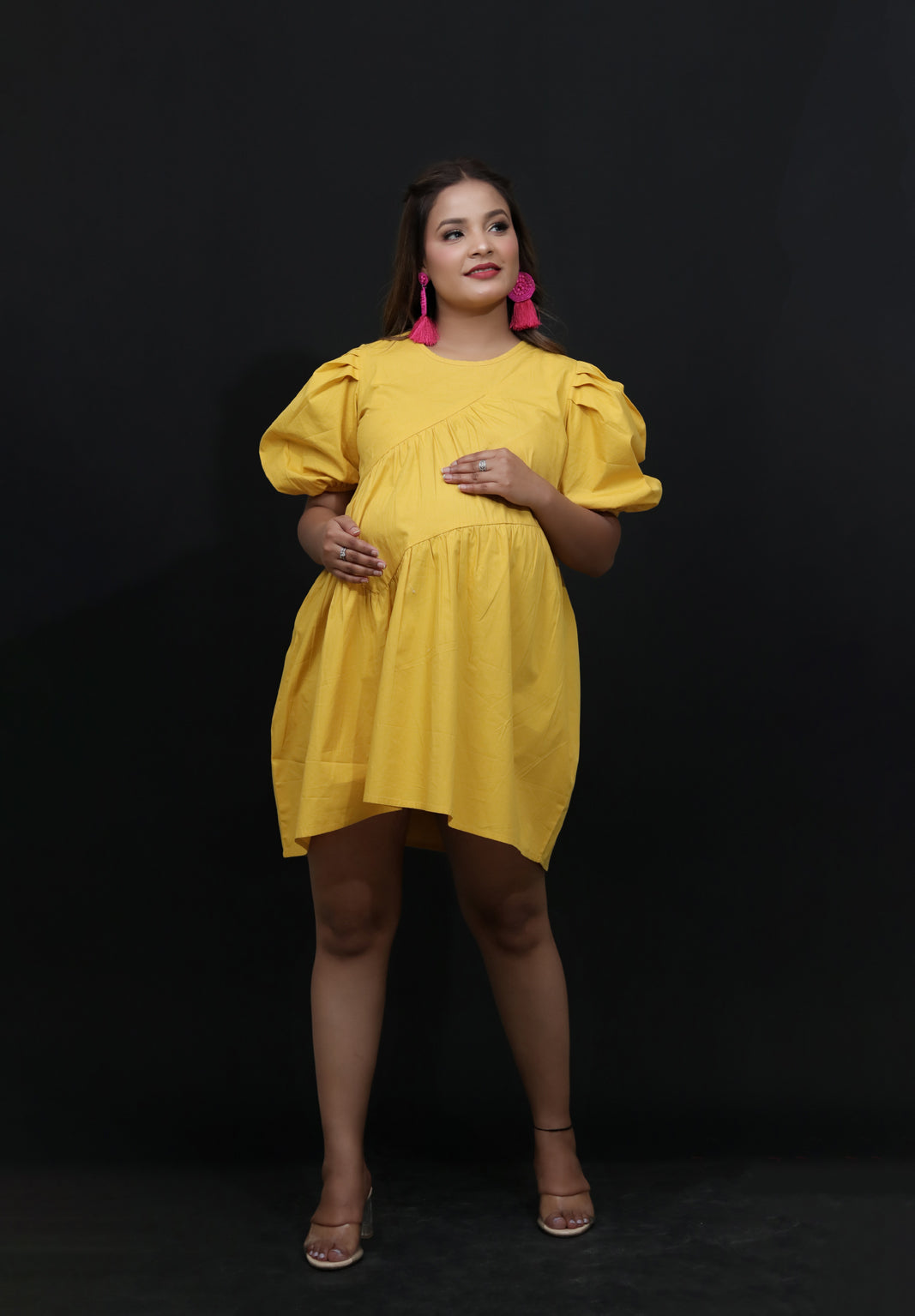 24 Karat Yellow Cotton Womens Nursing Maternity Dress with Hidden Nursing Features