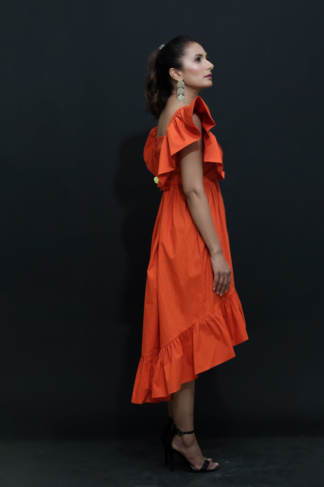 Morange Womens Orange Pleated High Low Cotton Party Dress with Cutout