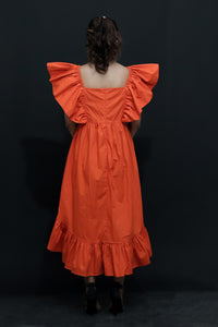 Morange Womens Orange Pleated High Low Cotton Party Dress with Cutout